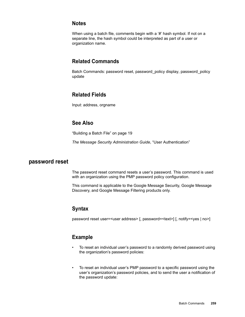Notes, Related commands, Related fields | See also, Password reset, Syntax, Example | Google Message Security Batch Reference Guide User Manual | Page 256 / 561