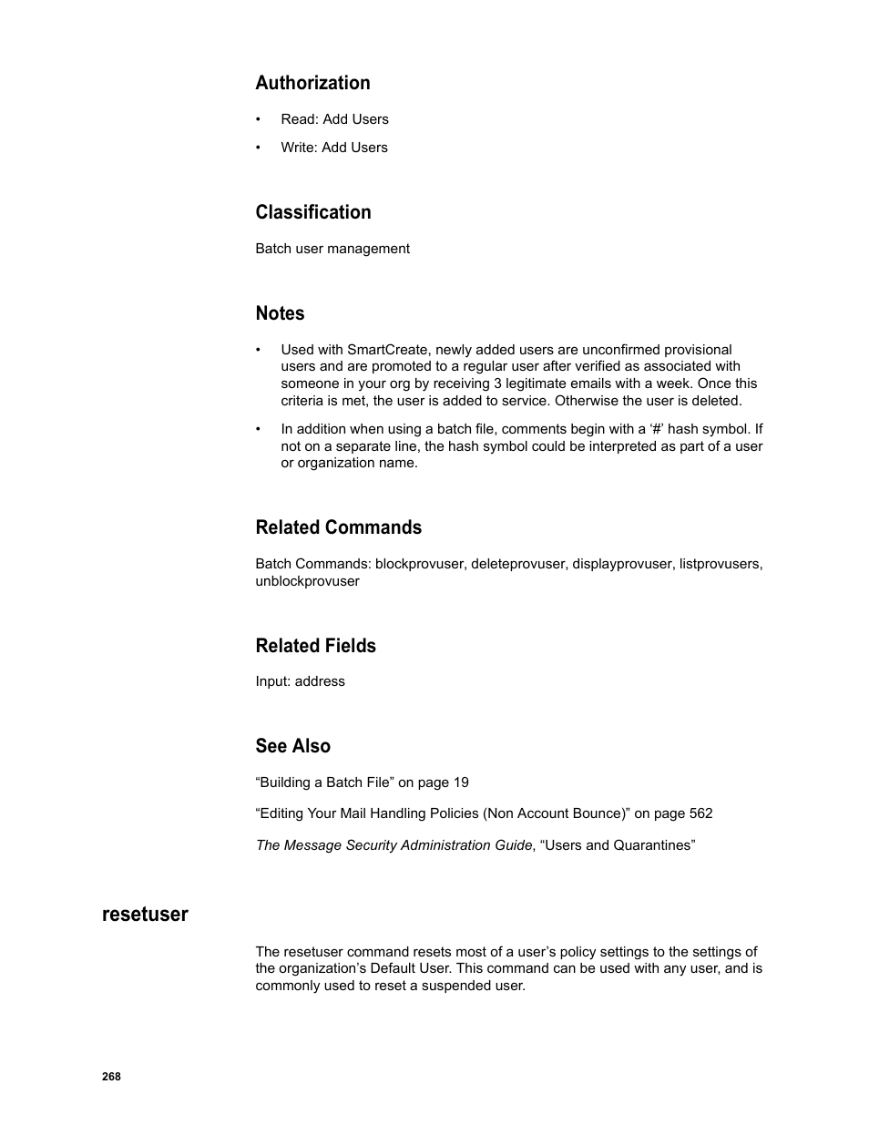 Authorization, Classification, Notes | Related commands, Related fields, See also, Resetuser | Google Message Security Batch Reference Guide User Manual | Page 265 / 561