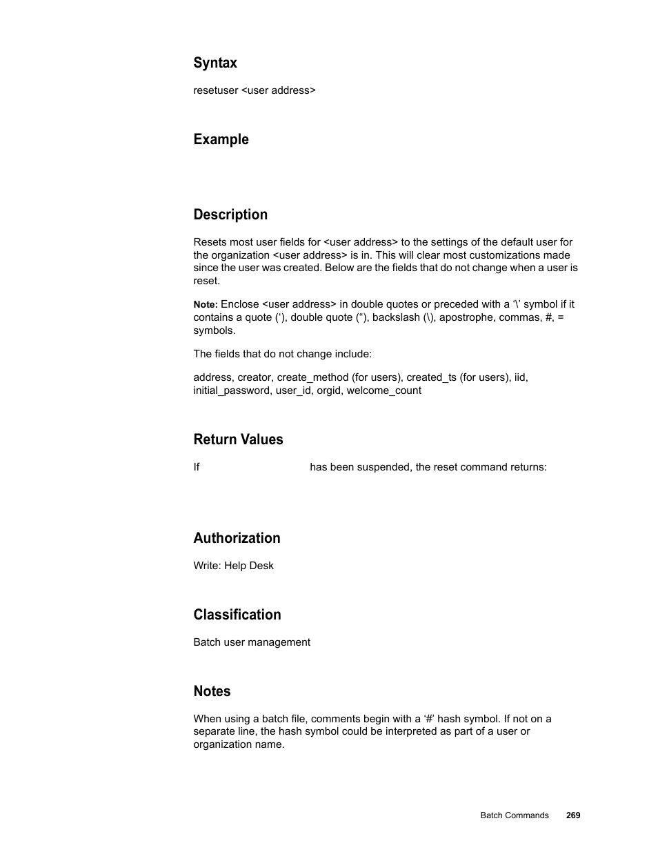 Syntax, Example, Description | Return values, Authorization, Classification, Notes | Google Message Security Batch Reference Guide User Manual | Page 266 / 561