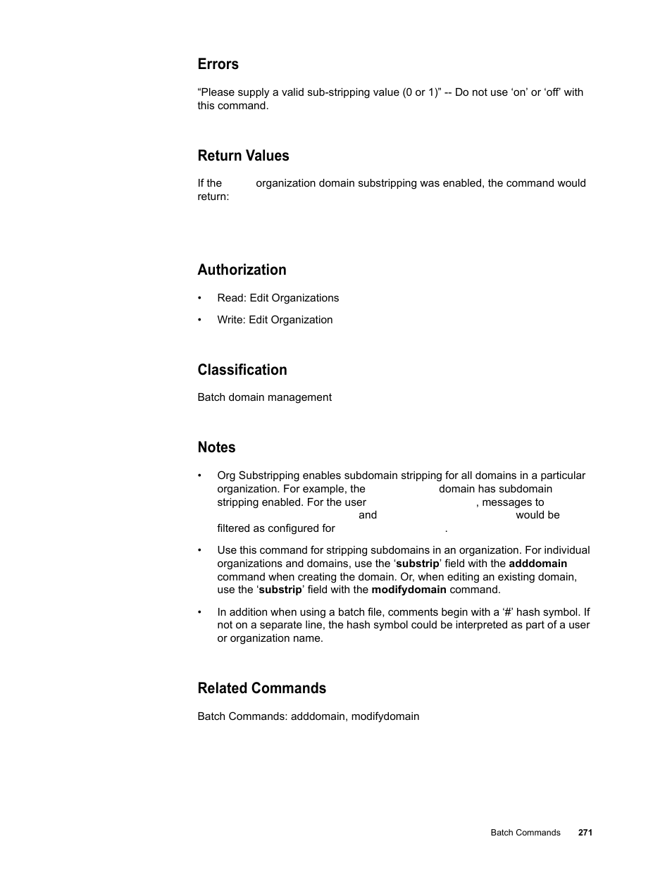 Errors, Return values, Authorization | Classification, Notes, Related commands | Google Message Security Batch Reference Guide User Manual | Page 268 / 561