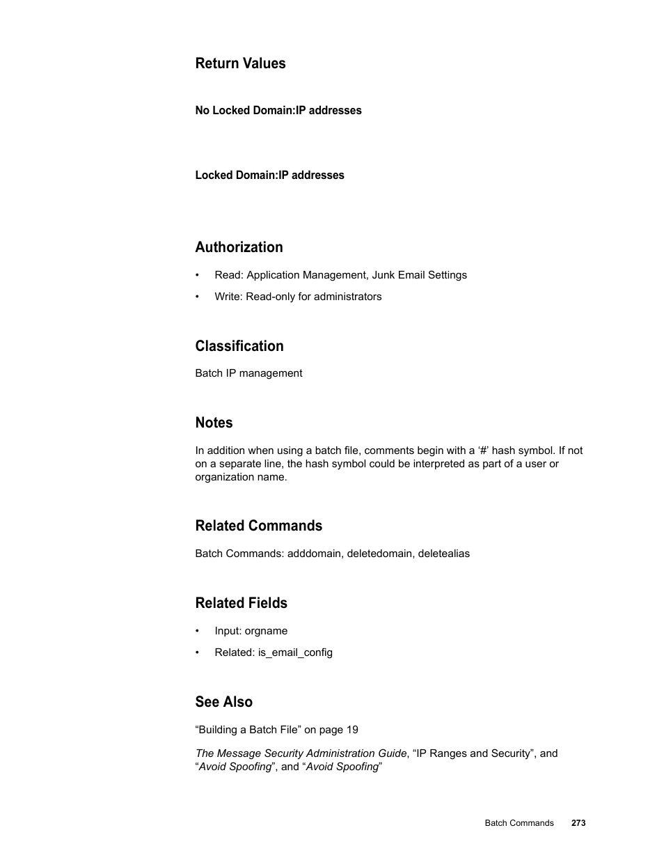 Return values, Authorization, Classification | Notes, Related commands, Related fields, See also | Google Message Security Batch Reference Guide User Manual | Page 270 / 561