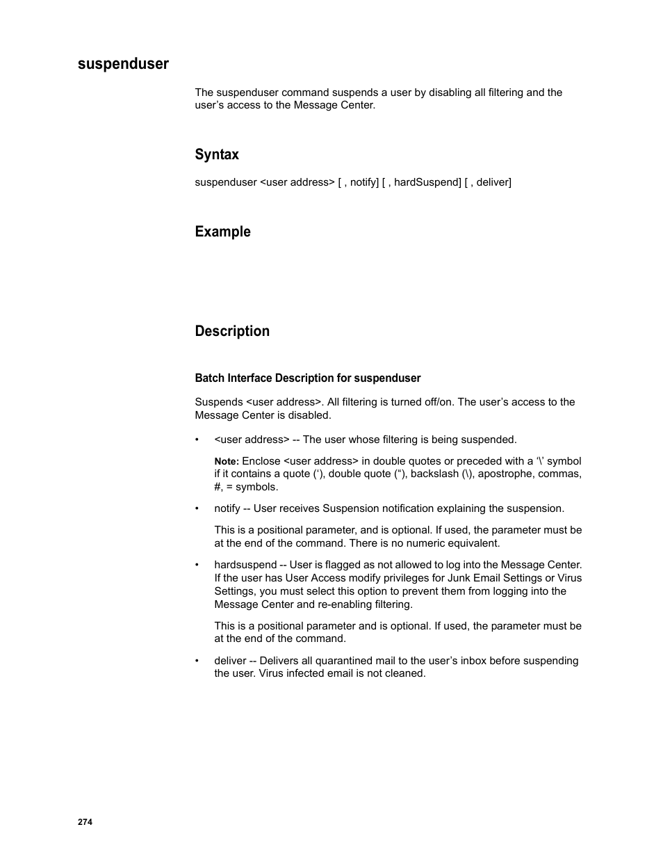 Suspenduser, Syntax, Example | Description | Google Message Security Batch Reference Guide User Manual | Page 271 / 561