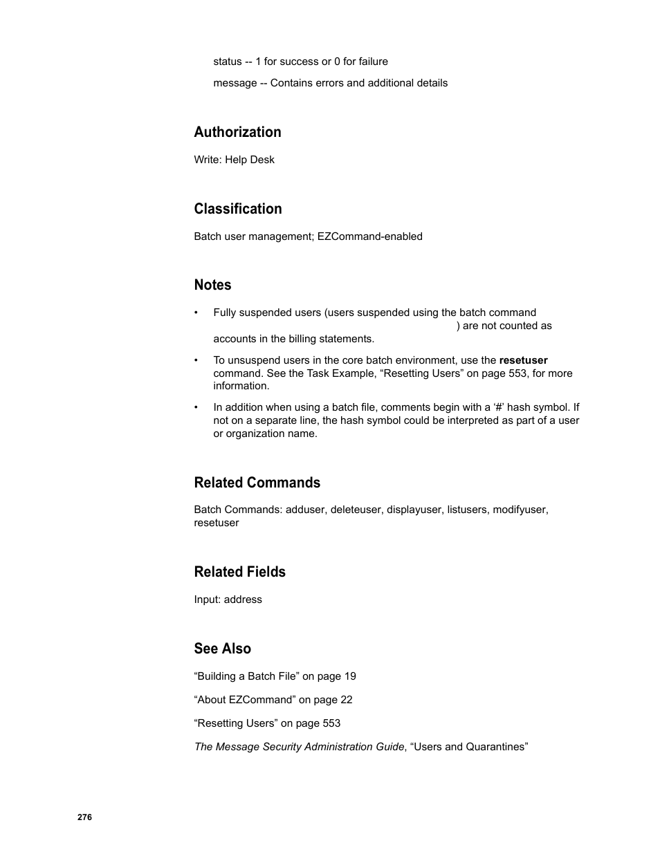 Authorization, Classification, Notes | Related commands, Related fields, See also | Google Message Security Batch Reference Guide User Manual | Page 273 / 561