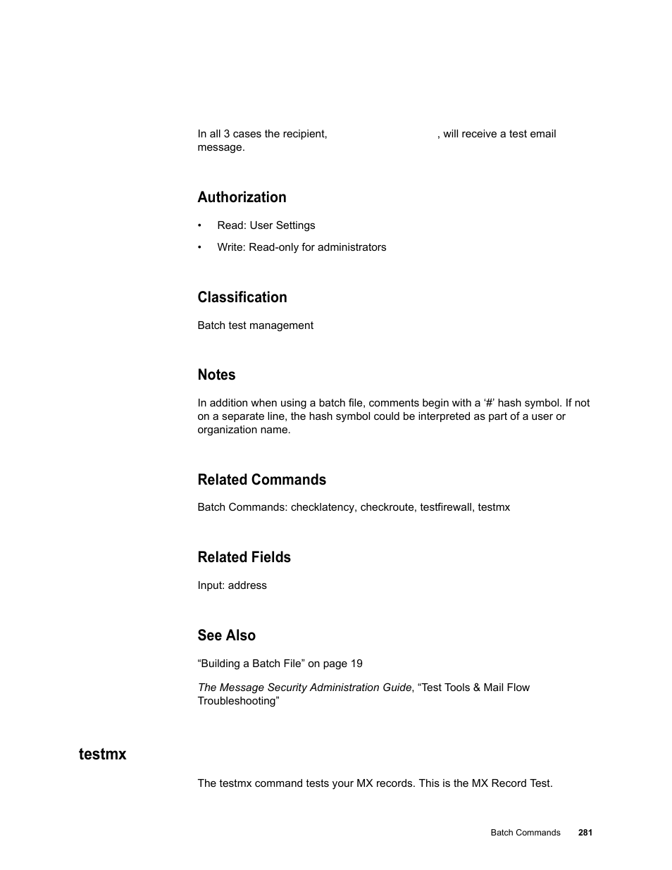 Authorization, Classification, Notes | Related commands, Related fields, See also, Testmx | Google Message Security Batch Reference Guide User Manual | Page 278 / 561