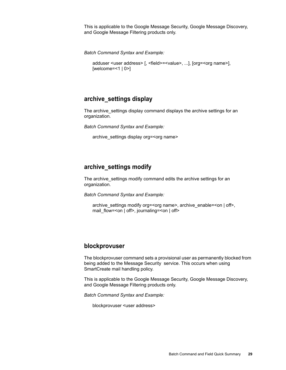Archive_settings display, Archive_settings modify, Blockprovuser | Google Message Security Batch Reference Guide User Manual | Page 28 / 561