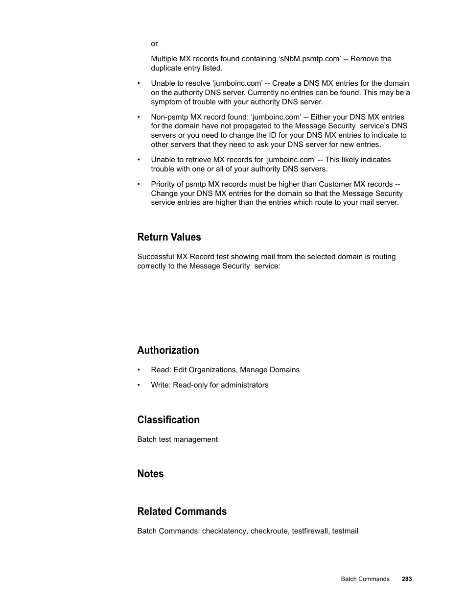 Return values, Authorization, Classification | Notes, Related commands | Google Message Security Batch Reference Guide User Manual | Page 280 / 561