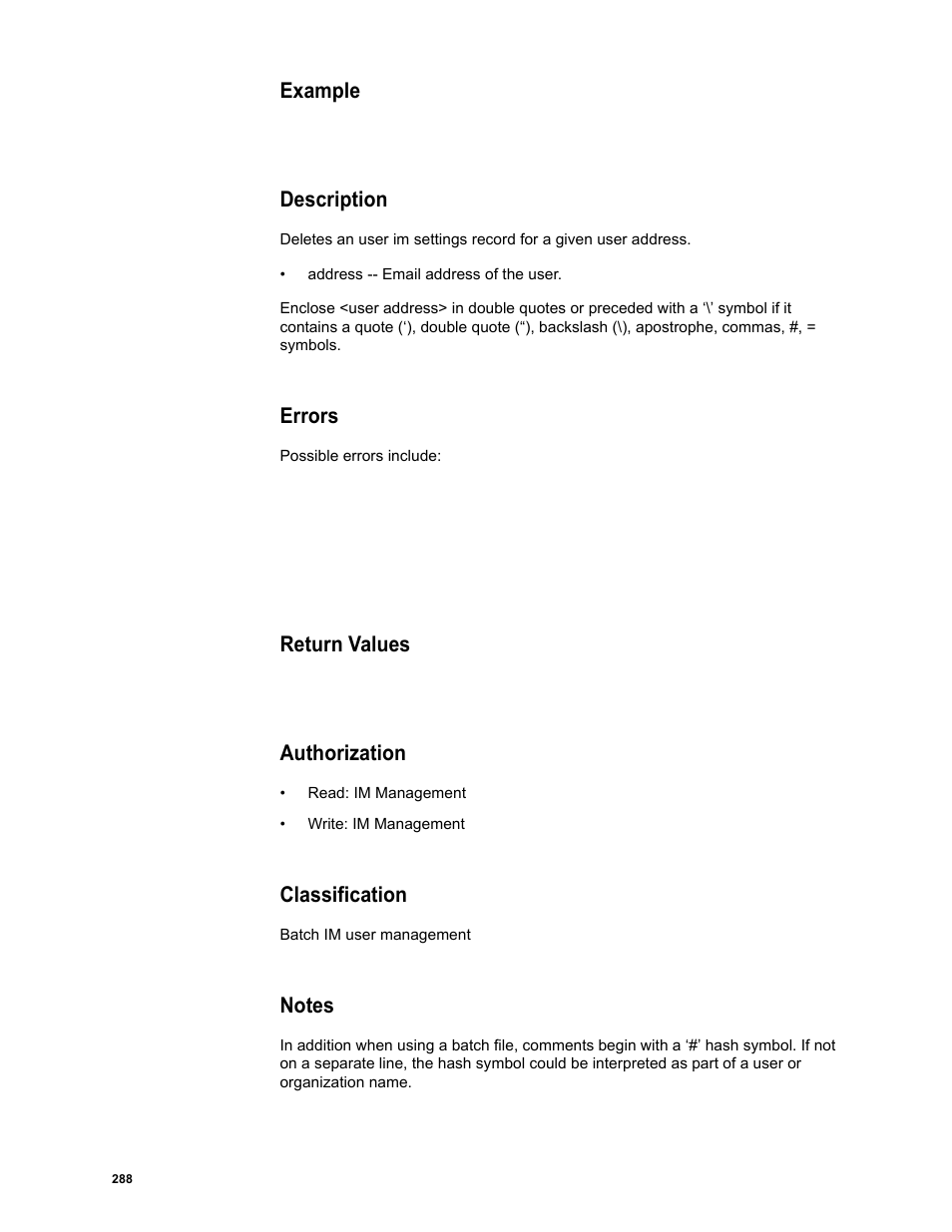 Example, Description, Errors | Return values, Authorization, Classification, Notes | Google Message Security Batch Reference Guide User Manual | Page 285 / 561