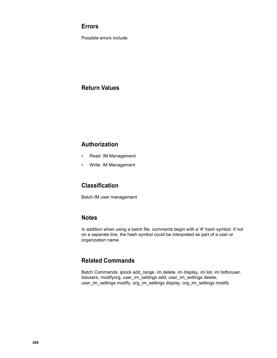 Errors, Return values, Authorization | Classification, Notes, Related commands | Google Message Security Batch Reference Guide User Manual | Page 287 / 561