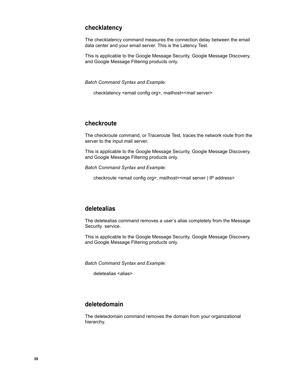 Checklatency, Checkroute, Deletealias | Deletedomain | Google Message Security Batch Reference Guide User Manual | Page 29 / 561