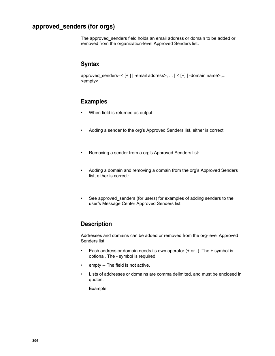 Approved_senders (for orgs), Syntax, Examples | Description | Google Message Security Batch Reference Guide User Manual | Page 294 / 561
