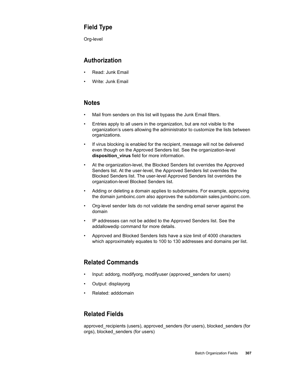 Field type, Authorization, Notes | Related commands, Related fields | Google Message Security Batch Reference Guide User Manual | Page 295 / 561