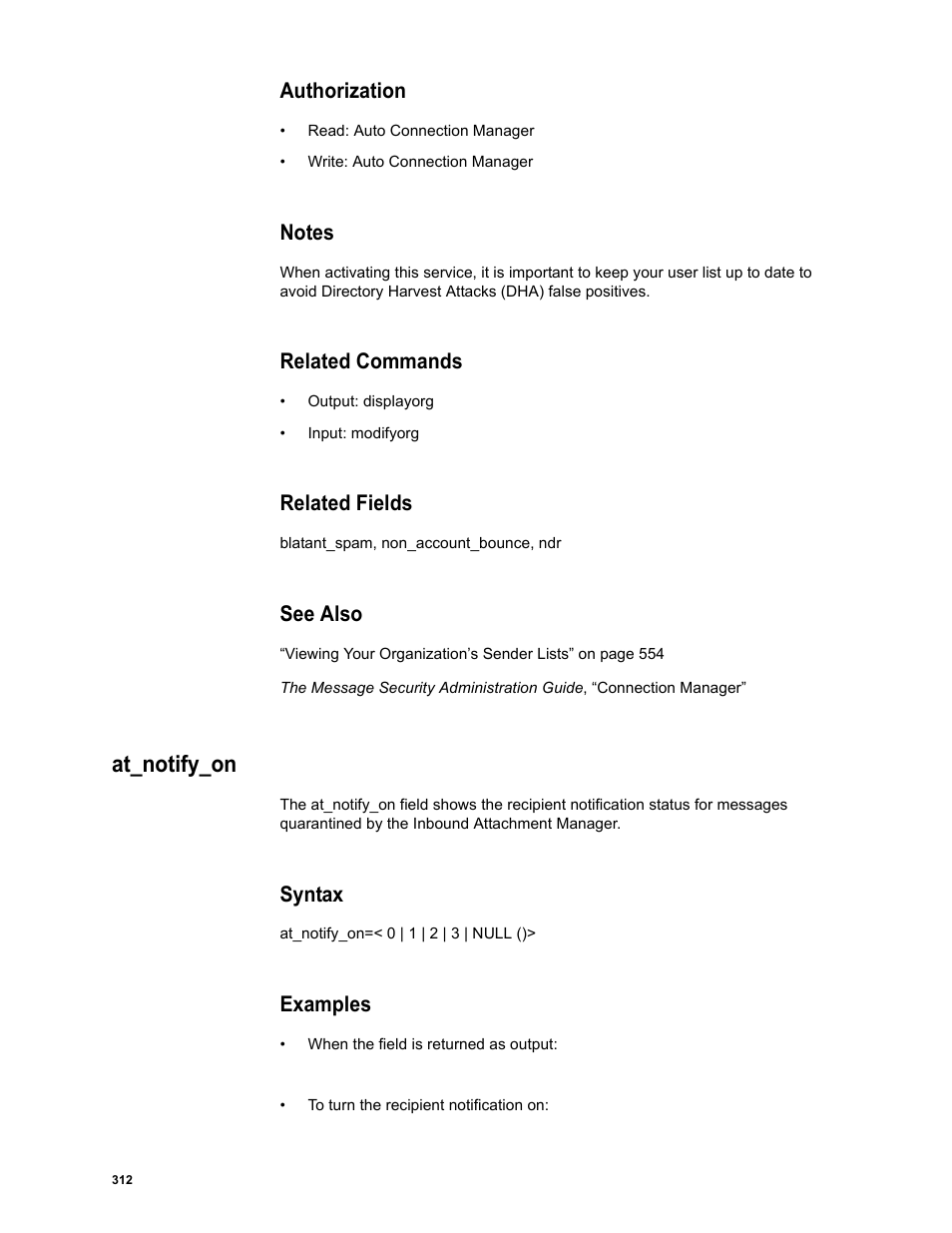 Authorization, Notes, Related commands | Related fields, See also, At_notify_on, Syntax, Examples | Google Message Security Batch Reference Guide User Manual | Page 300 / 561