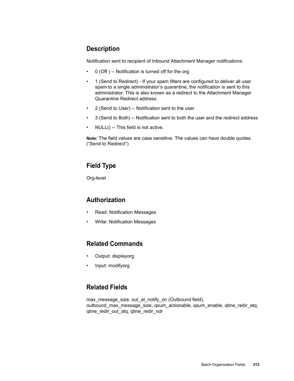 Description, Field type, Authorization | Related commands, Related fields | Google Message Security Batch Reference Guide User Manual | Page 301 / 561