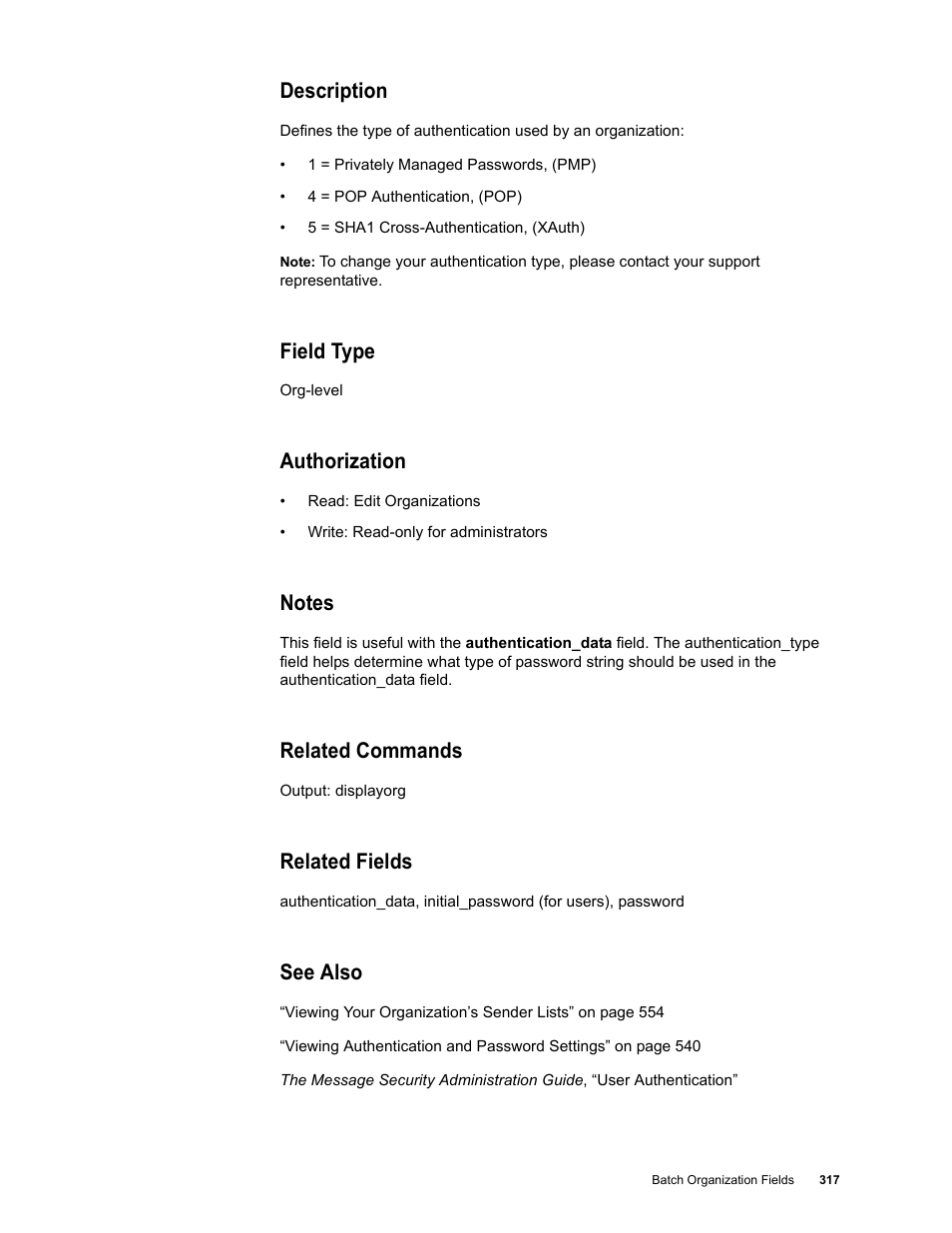 Description, Field type, Authorization | Notes, Related commands, Related fields, See also | Google Message Security Batch Reference Guide User Manual | Page 305 / 561