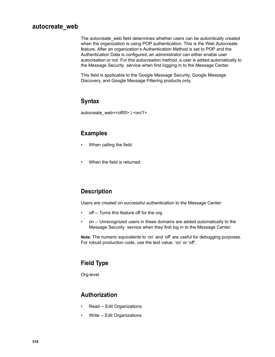 Autocreate_web, Syntax, Examples | Description, Field type, Authorization | Google Message Security Batch Reference Guide User Manual | Page 306 / 561