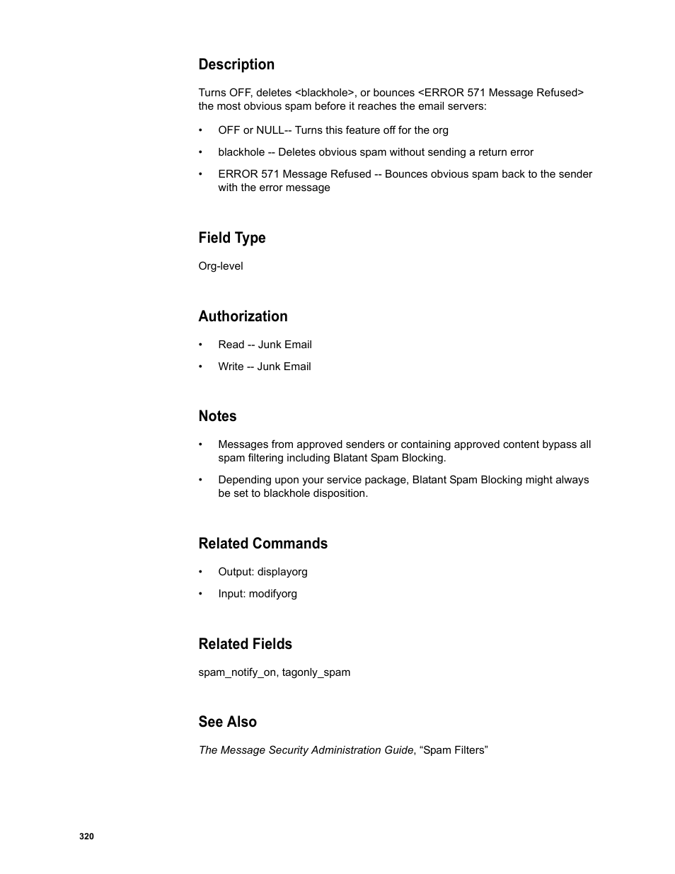 Description, Field type, Authorization | Notes, Related commands, Related fields, See also | Google Message Security Batch Reference Guide User Manual | Page 308 / 561