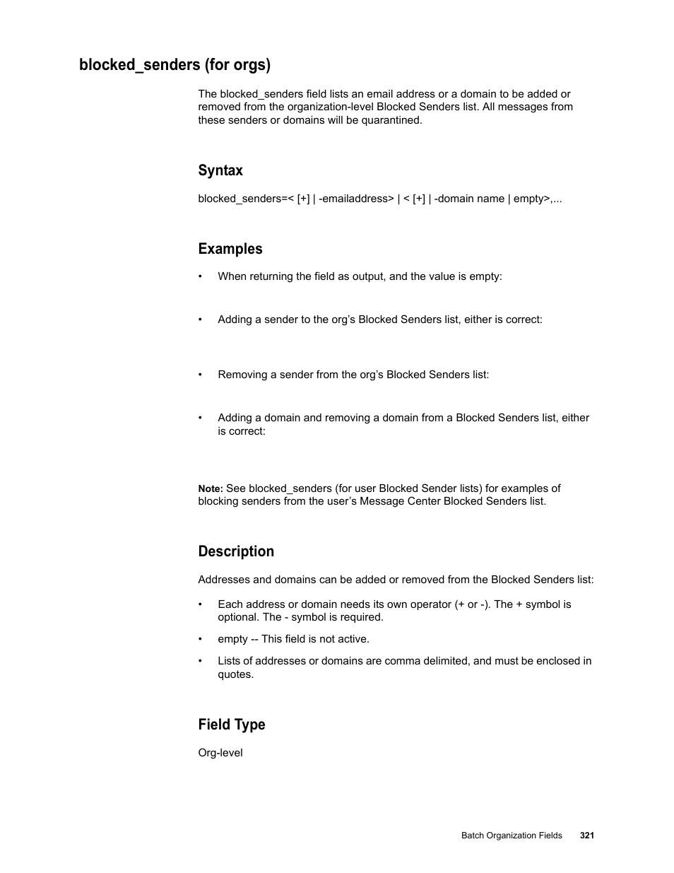 Blocked_senders (for orgs), Syntax, Examples | Description, Field type | Google Message Security Batch Reference Guide User Manual | Page 309 / 561