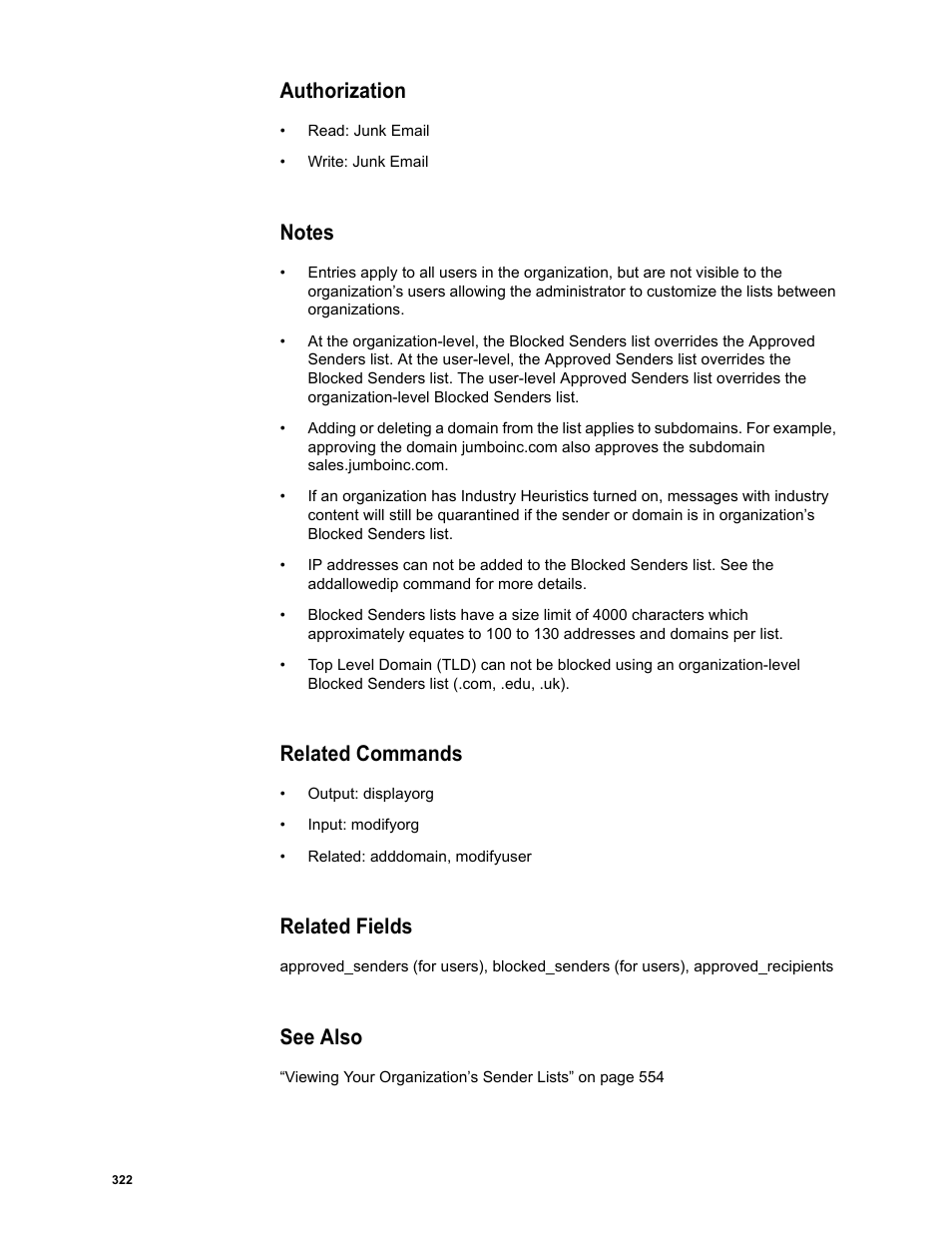 Authorization, Notes, Related commands | Related fields, See also | Google Message Security Batch Reference Guide User Manual | Page 310 / 561