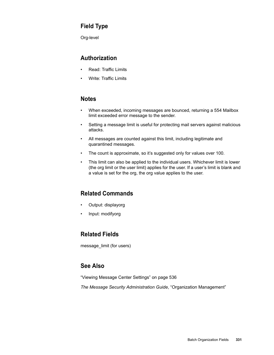 Field type, Authorization, Notes | Related commands, Related fields, See also | Google Message Security Batch Reference Guide User Manual | Page 319 / 561