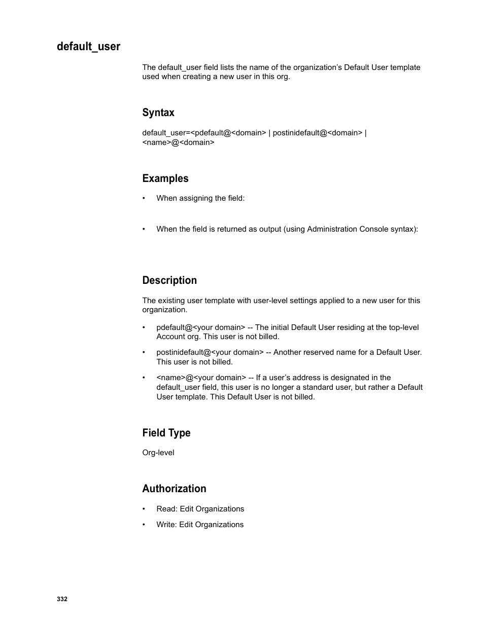 Default_user, Syntax, Examples | Description, Field type, Authorization | Google Message Security Batch Reference Guide User Manual | Page 320 / 561