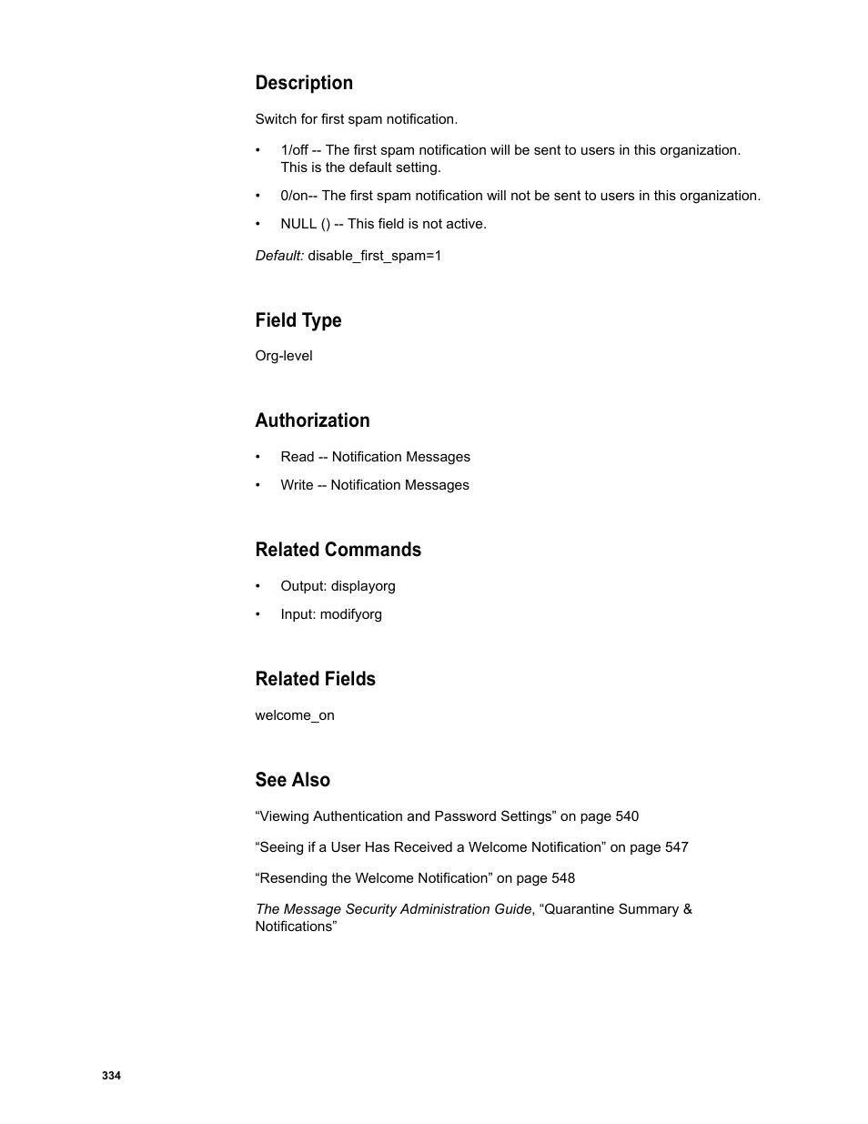 Description, Field type, Authorization | Related commands, Related fields, See also | Google Message Security Batch Reference Guide User Manual | Page 322 / 561