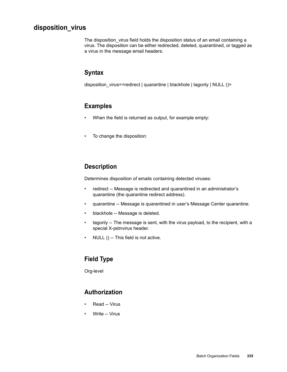 Disposition_virus, Syntax, Examples | Description, Field type, Authorization | Google Message Security Batch Reference Guide User Manual | Page 323 / 561