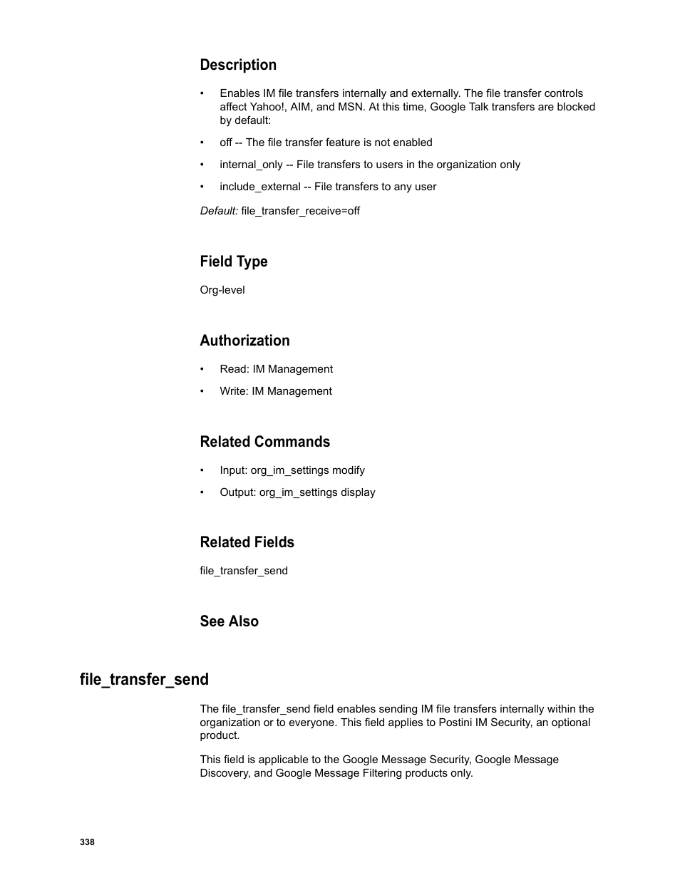 Description, Field type, Authorization | Related commands, Related fields, See also, File_transfer_send | Google Message Security Batch Reference Guide User Manual | Page 326 / 561
