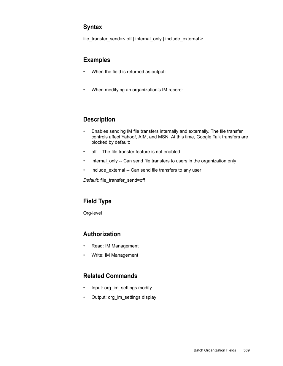 Syntax, Examples, Description | Field type, Authorization, Related commands | Google Message Security Batch Reference Guide User Manual | Page 327 / 561