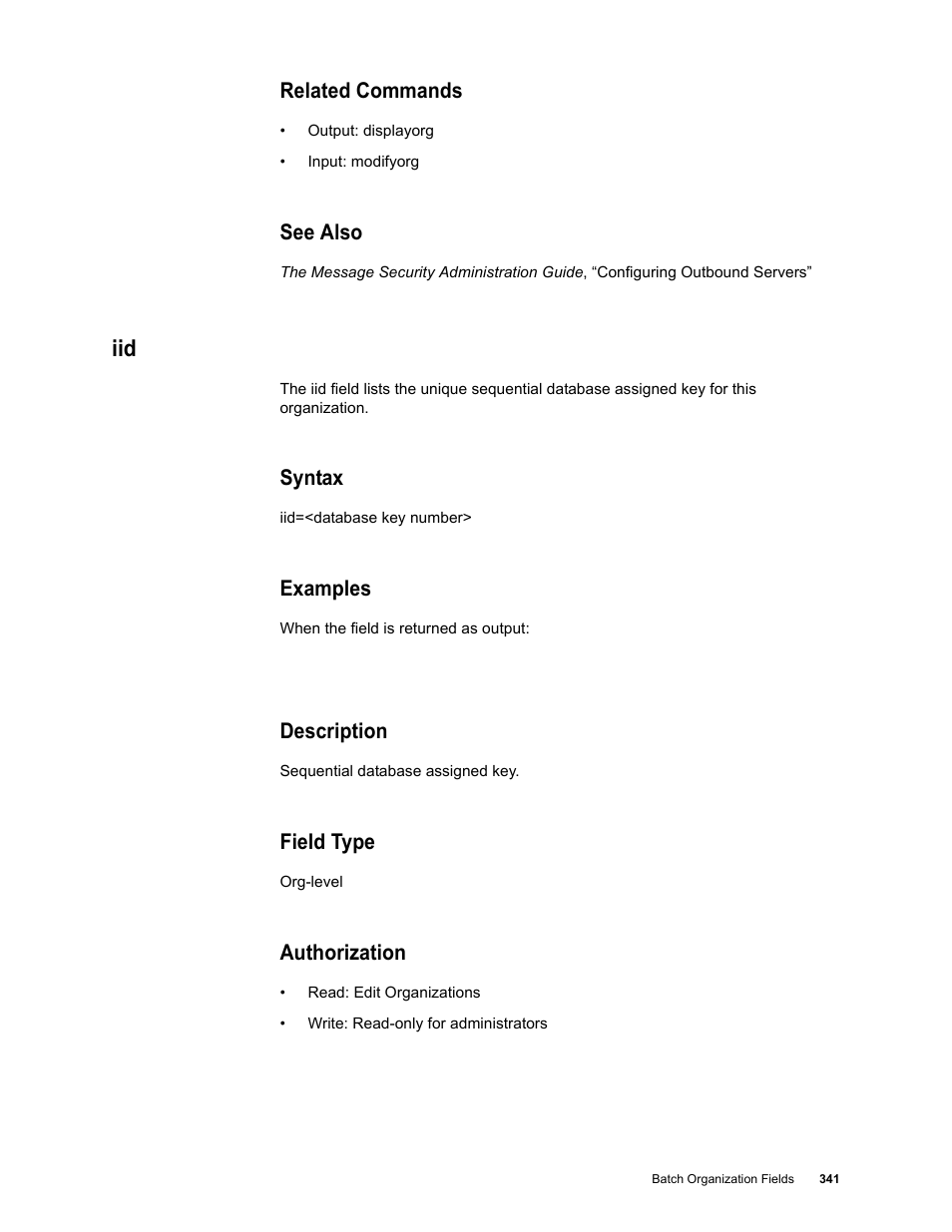 Related commands, See also, Syntax | Examples, Description, Field type, Authorization | Google Message Security Batch Reference Guide User Manual | Page 329 / 561