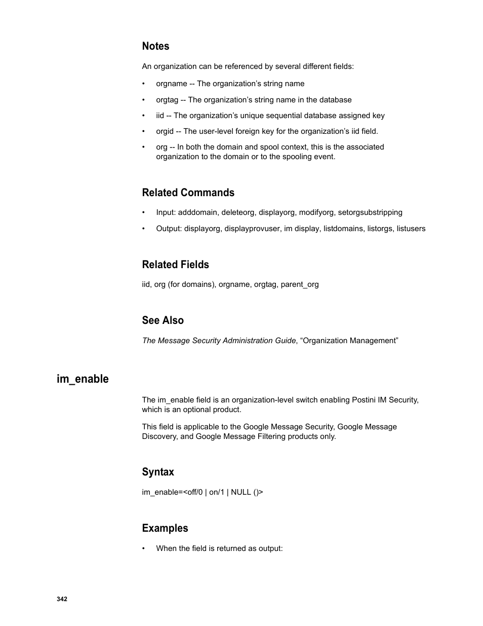 Notes, Related commands, Related fields | See also, Im_enable, Syntax, Examples | Google Message Security Batch Reference Guide User Manual | Page 330 / 561