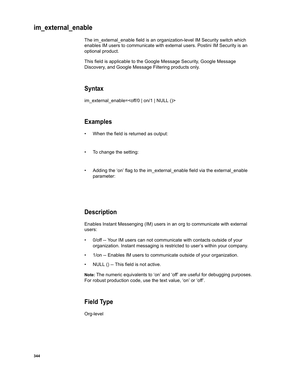 Im_external_enable, Syntax, Examples | Description, Field type | Google Message Security Batch Reference Guide User Manual | Page 332 / 561