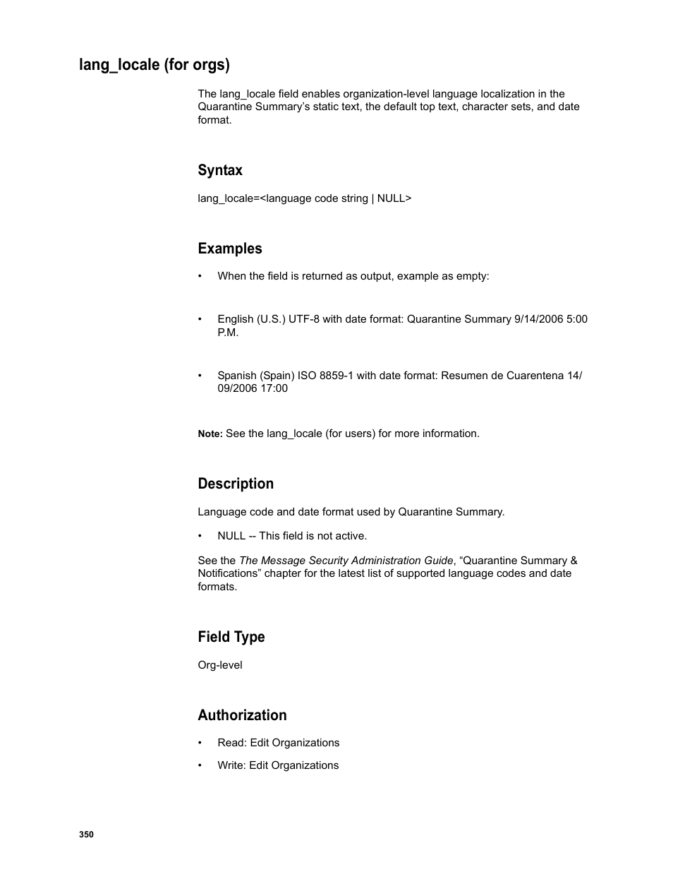Lang_locale (for orgs), Syntax, Examples | Description, Field type, Authorization | Google Message Security Batch Reference Guide User Manual | Page 338 / 561