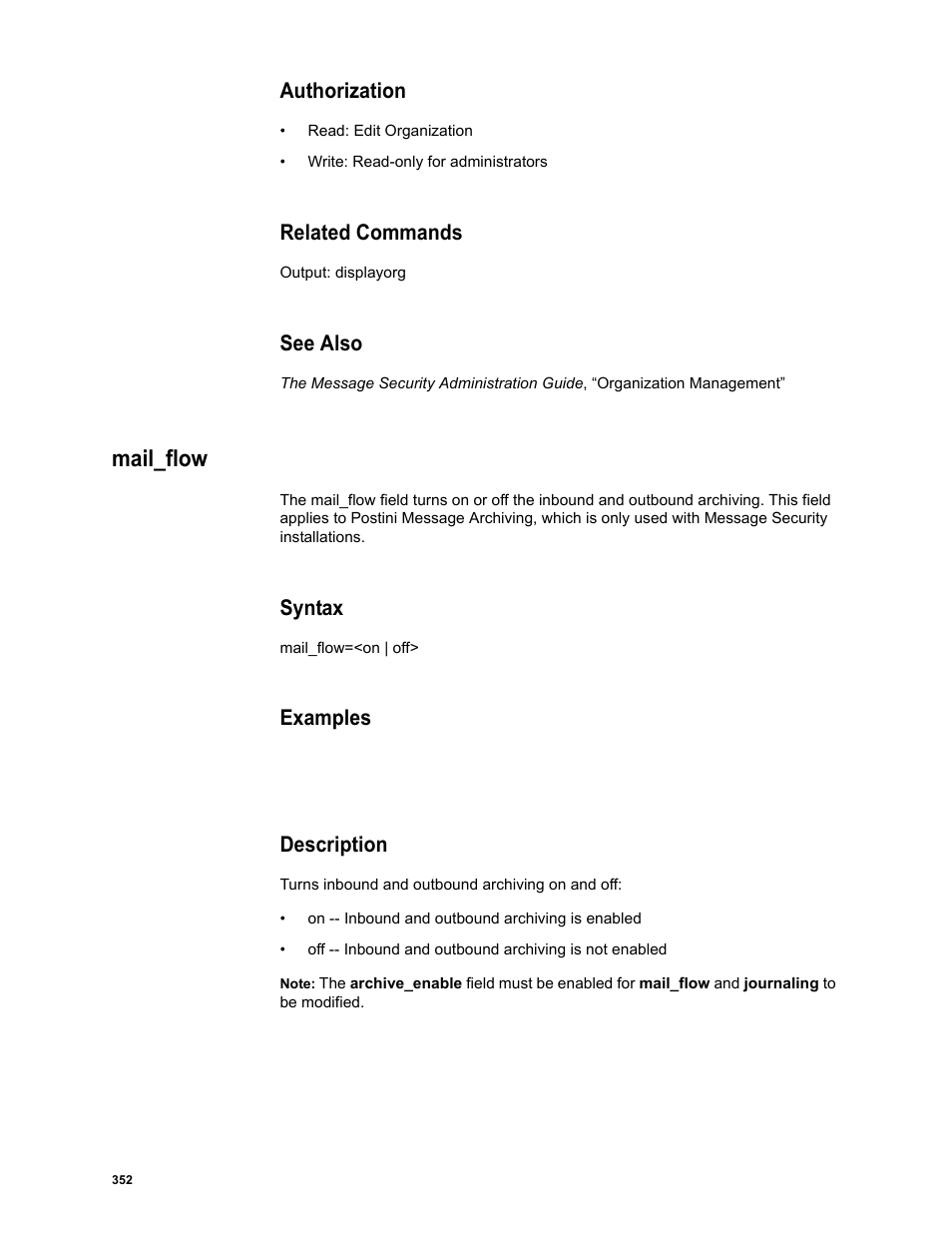 Authorization, Related commands, See also | Mail_flow, Syntax, Examples, Description | Google Message Security Batch Reference Guide User Manual | Page 340 / 561