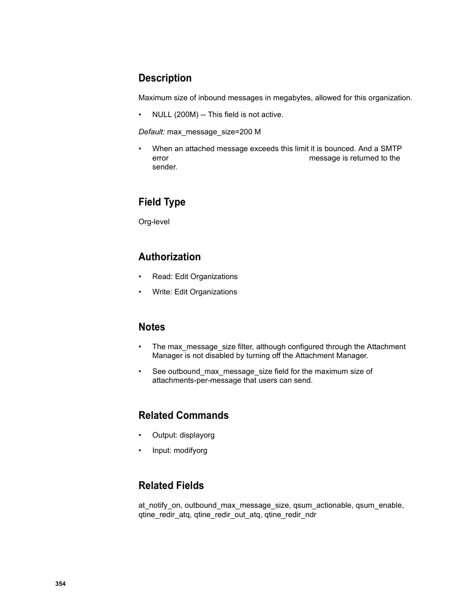 Description, Field type, Authorization | Notes, Related commands, Related fields | Google Message Security Batch Reference Guide User Manual | Page 342 / 561