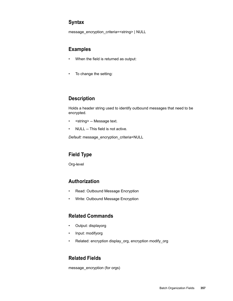 Syntax, Examples, Description | Field type, Authorization, Related commands, Related fields | Google Message Security Batch Reference Guide User Manual | Page 345 / 561