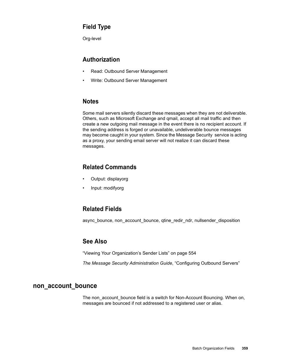 Field type, Authorization, Notes | Related commands, Related fields, See also, Non_account_bounce | Google Message Security Batch Reference Guide User Manual | Page 347 / 561