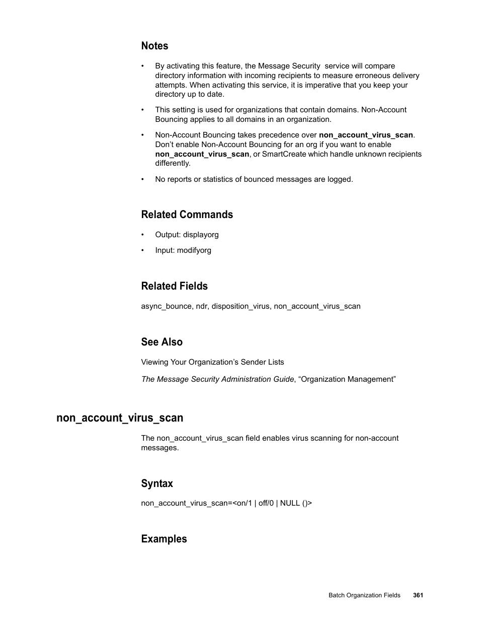 Notes, Related commands, Related fields | See also, Non_account_virus_scan, Syntax, Examples | Google Message Security Batch Reference Guide User Manual | Page 349 / 561