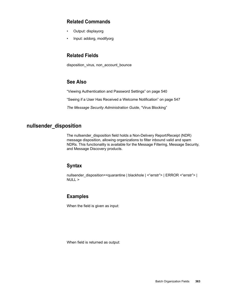 Related commands, Related fields, See also | Nullsender_disposition, Syntax, Examples | Google Message Security Batch Reference Guide User Manual | Page 351 / 561