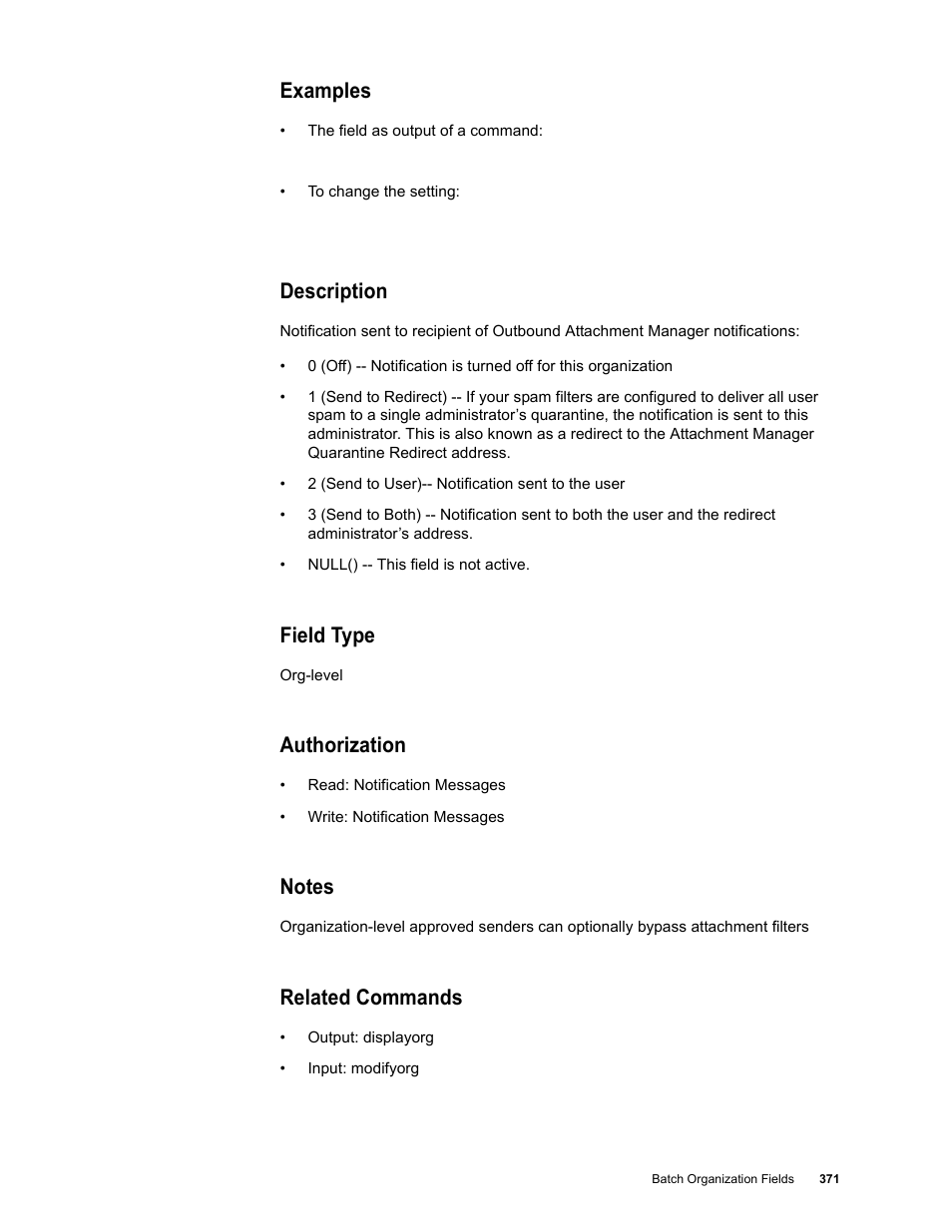 Examples, Description, Field type | Authorization, Notes, Related commands | Google Message Security Batch Reference Guide User Manual | Page 359 / 561