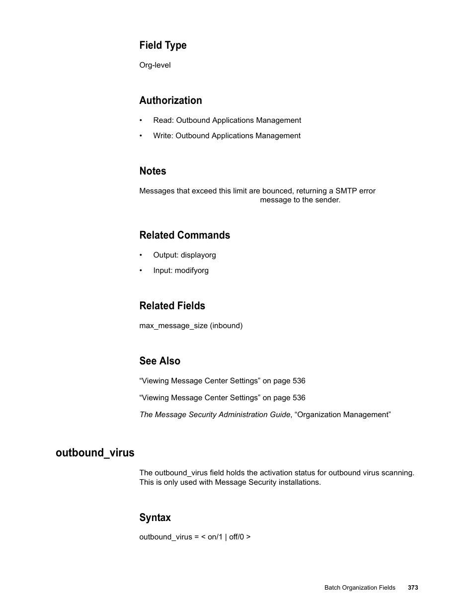 Field type, Authorization, Notes | Related commands, Related fields, See also, Outbound_virus, Syntax | Google Message Security Batch Reference Guide User Manual | Page 361 / 561