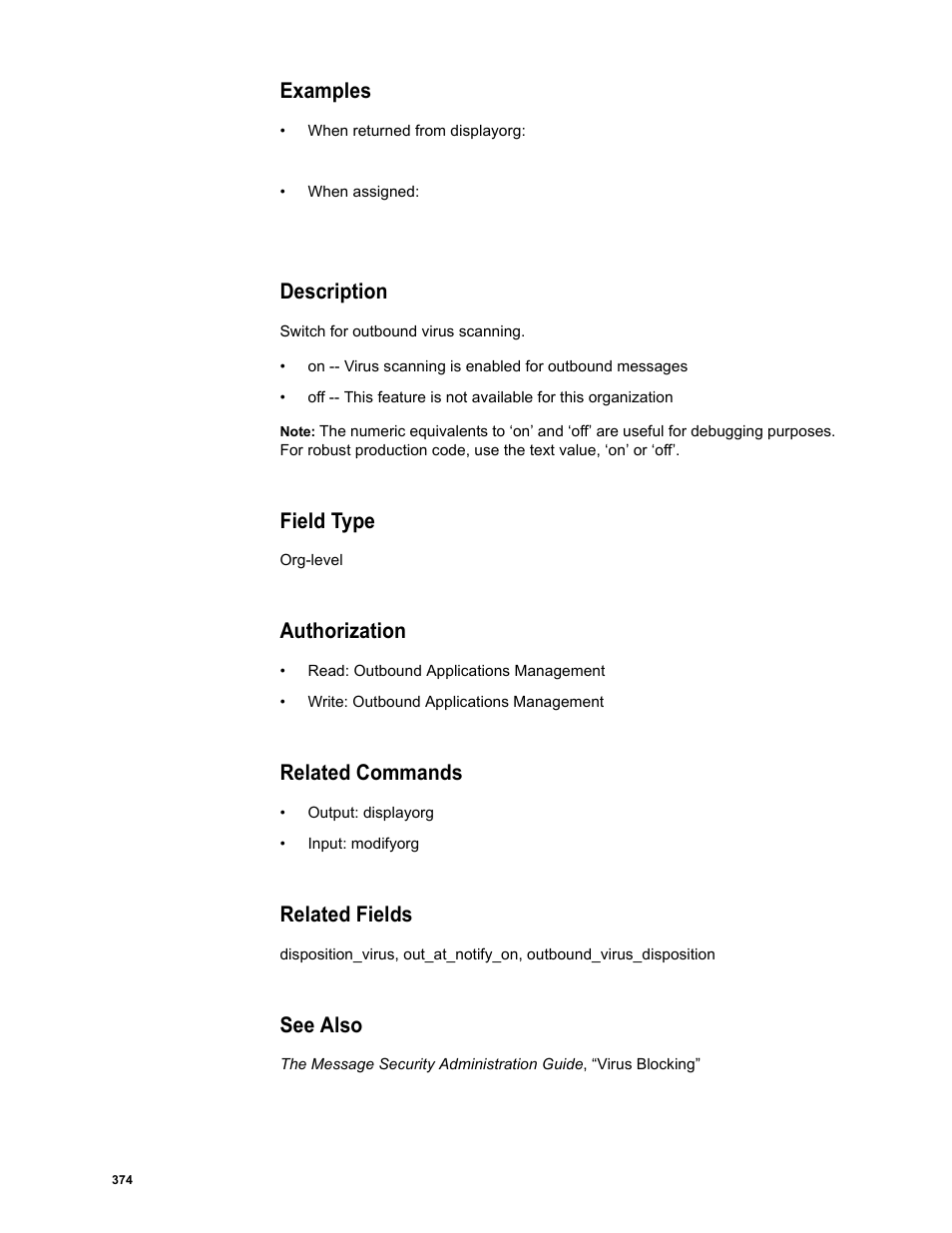 Examples, Description, Field type | Authorization, Related commands, Related fields, See also | Google Message Security Batch Reference Guide User Manual | Page 362 / 561