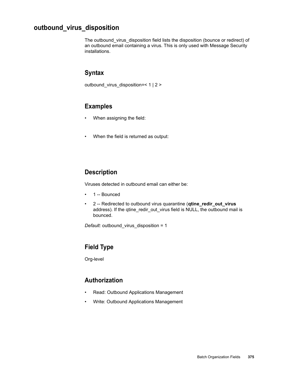 Outbound_virus_disposition, Syntax, Examples | Description, Field type, Authorization | Google Message Security Batch Reference Guide User Manual | Page 363 / 561