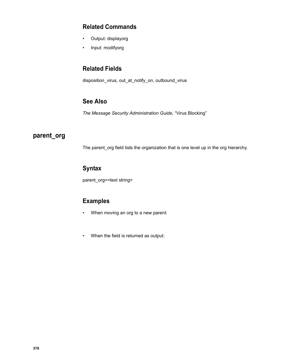 Related commands, Related fields, See also | Parent_org, Syntax, Examples | Google Message Security Batch Reference Guide User Manual | Page 364 / 561