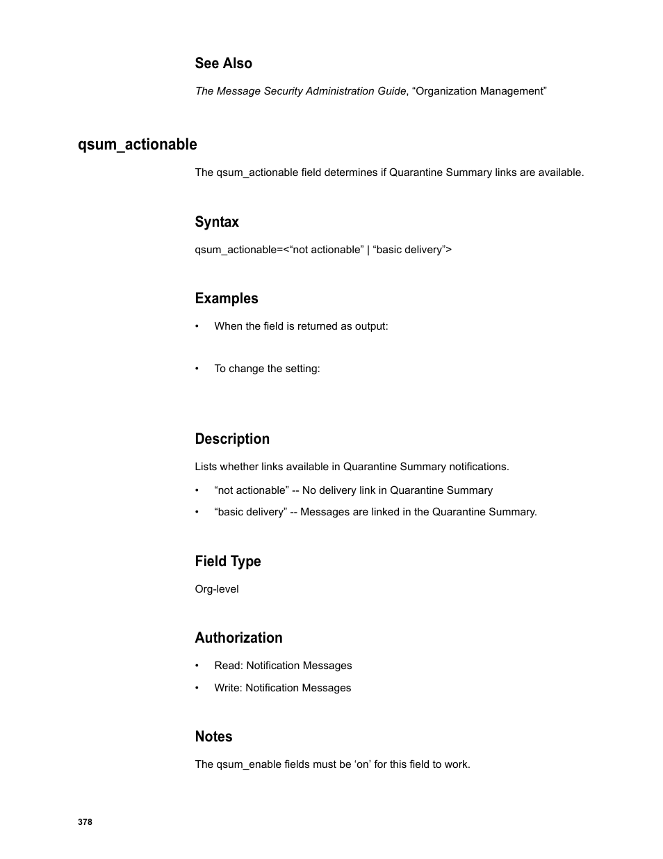 See also, Qsum_actionable, Syntax | Examples, Description, Field type, Authorization, Notes | Google Message Security Batch Reference Guide User Manual | Page 366 / 561