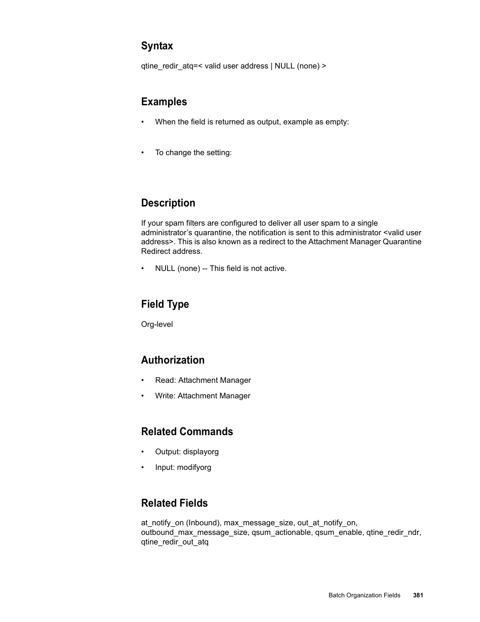 Syntax, Examples, Description | Field type, Authorization, Related commands, Related fields | Google Message Security Batch Reference Guide User Manual | Page 369 / 561