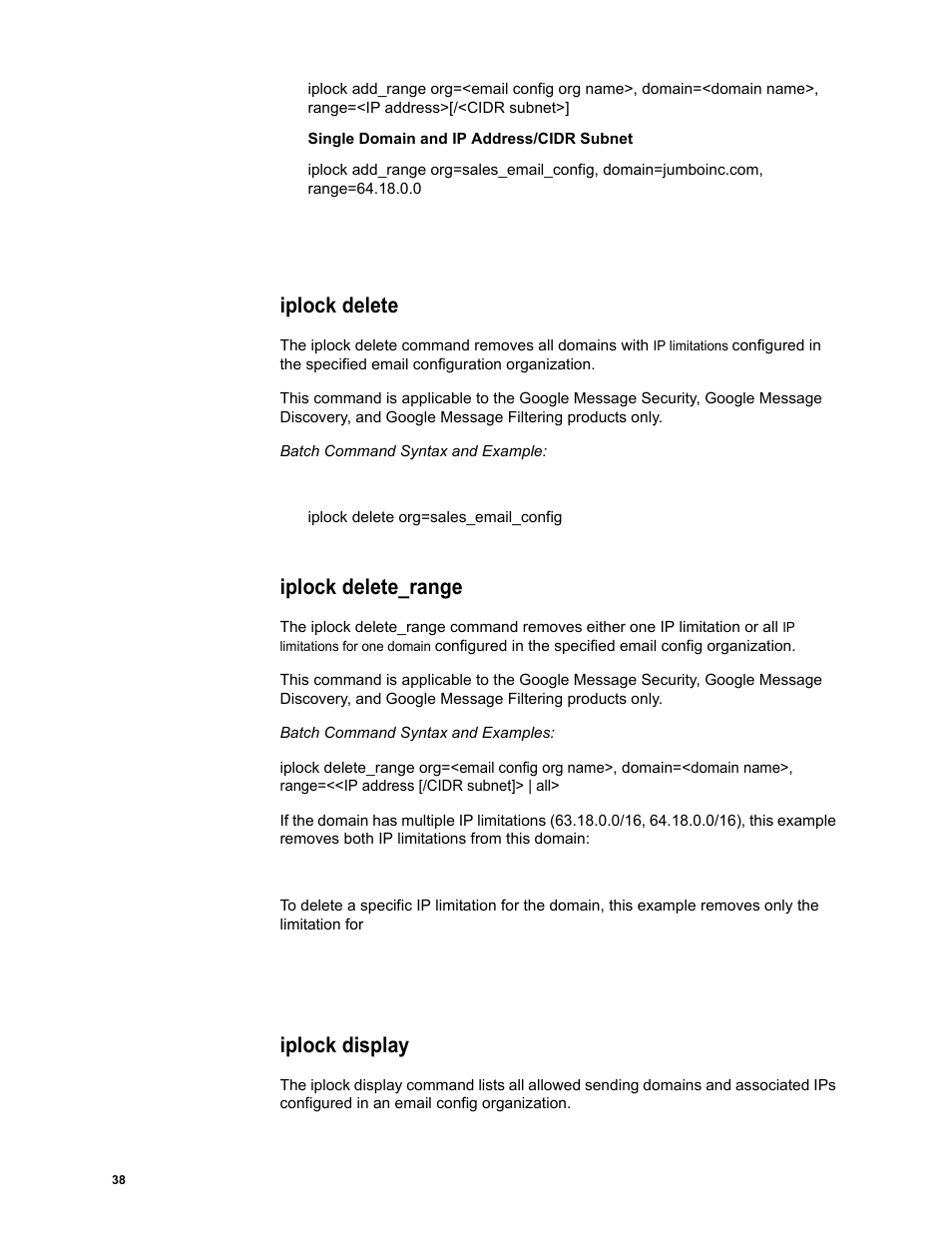 Iplock delete, Iplock delete_range, Iplock display | Google Message Security Batch Reference Guide User Manual | Page 37 / 561