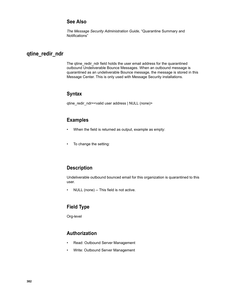 See also, Qtine_redir_ndr, Syntax | Examples, Description, Field type, Authorization | Google Message Security Batch Reference Guide User Manual | Page 370 / 561