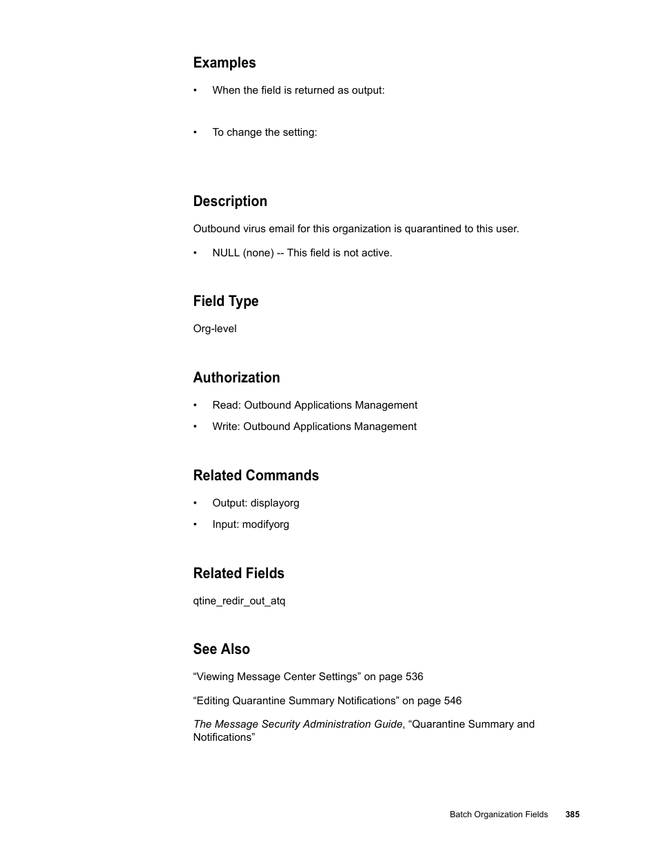 Examples, Description, Field type | Authorization, Related commands, Related fields, See also | Google Message Security Batch Reference Guide User Manual | Page 373 / 561