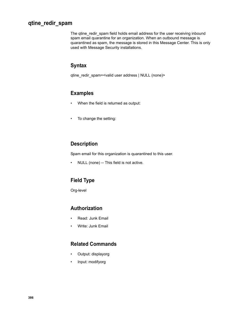 Qtine_redir_spam, Syntax, Examples | Description, Field type, Authorization, Related commands | Google Message Security Batch Reference Guide User Manual | Page 374 / 561