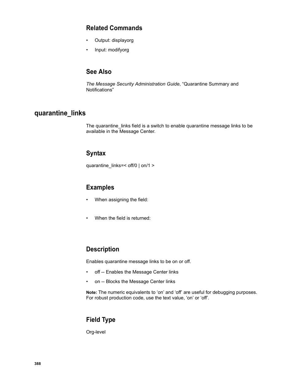 Related commands, See also, Quarantine_links | Syntax, Examples, Description, Field type | Google Message Security Batch Reference Guide User Manual | Page 376 / 561